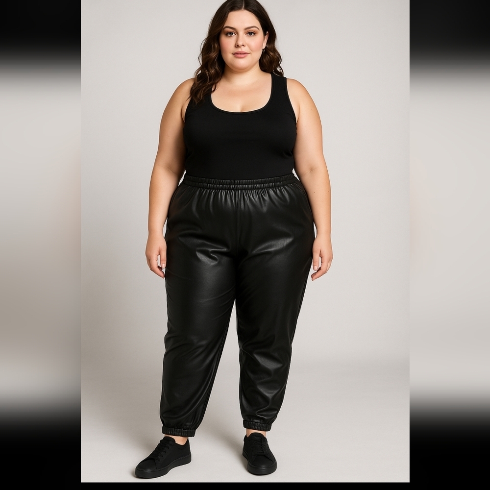 NWOT City Chic Black Lux Faux Leather Joggers Sz M (18)